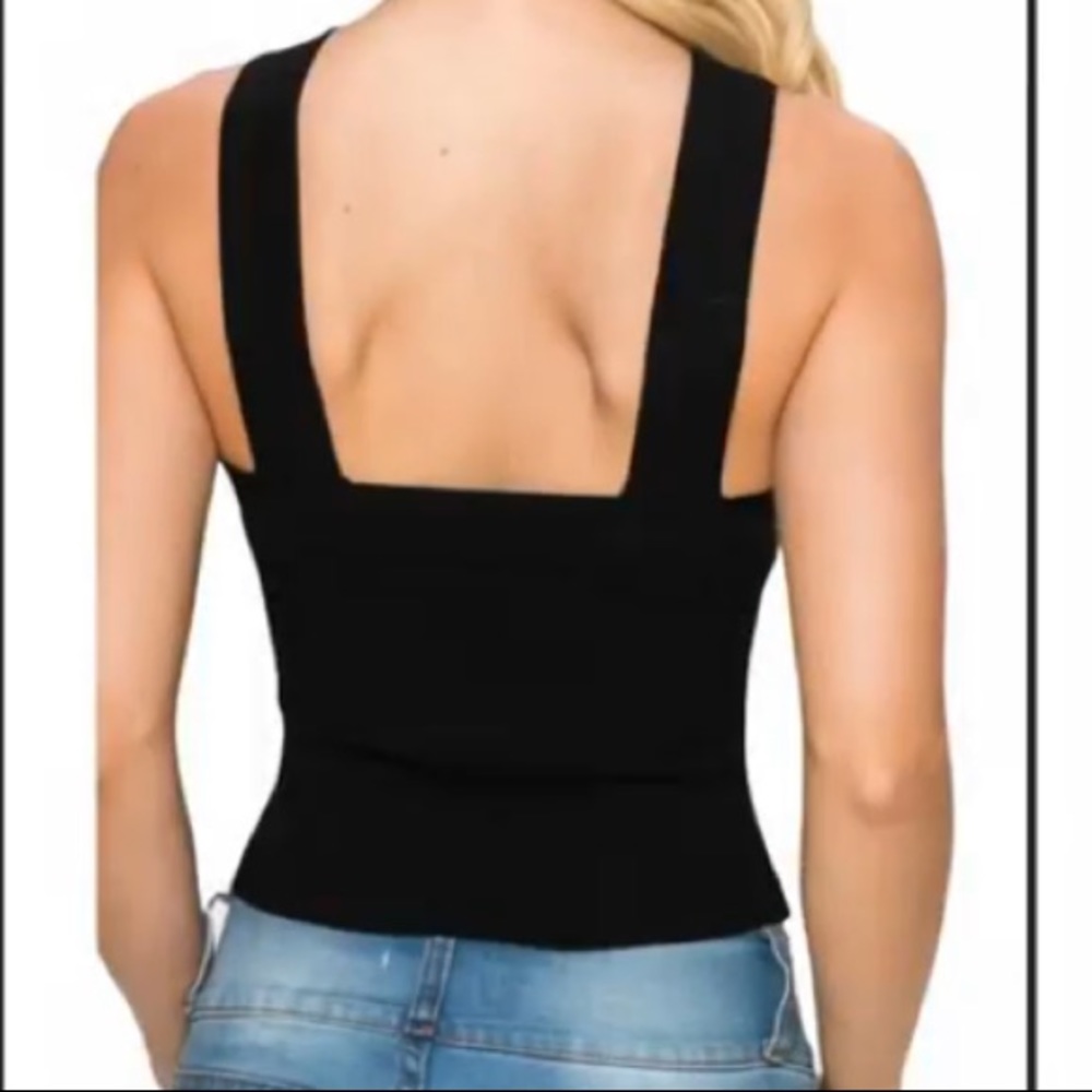Black Ribbed Statement Neckline Tank Top - Picture 3 of 7